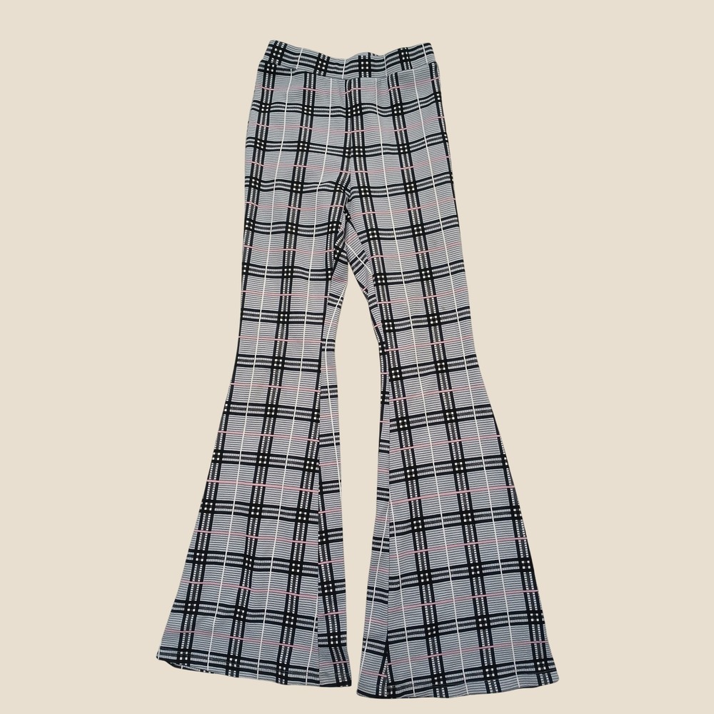SHEIN Grey Plaid High Waisted Flare Bell Bottom Pants Pink Accents Small